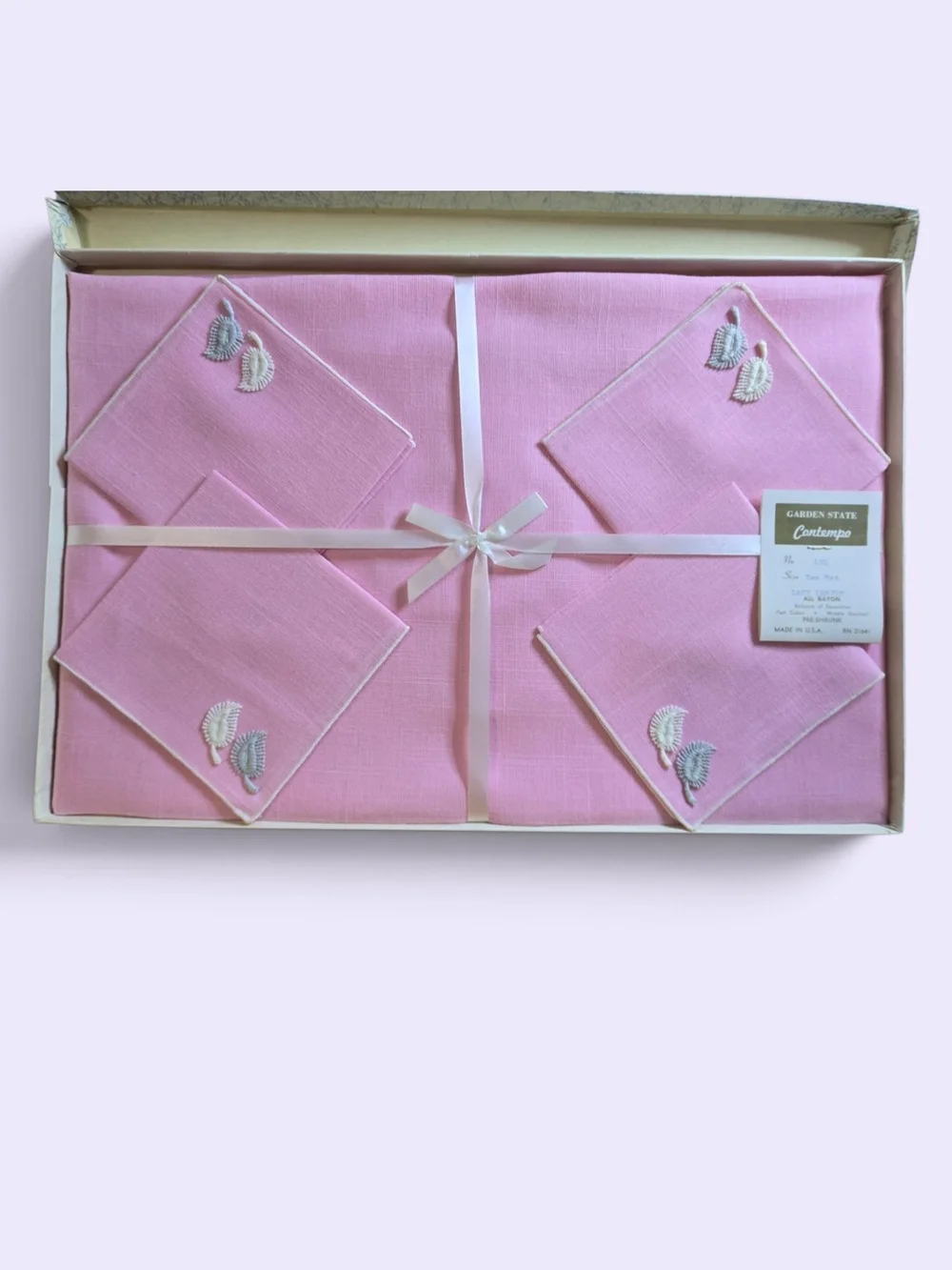Pink Linen Cocktail Napkin Set with White Ribbon